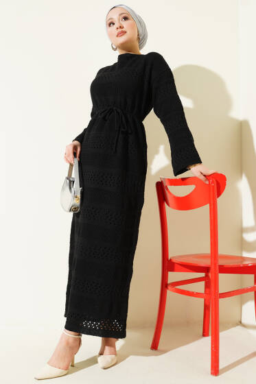 Şerit Ajur Desen Triko Elbise Siyah - Elbise