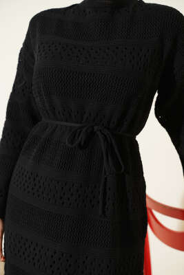 Şerit Ajur Desen Triko Elbise Siyah - Elbise