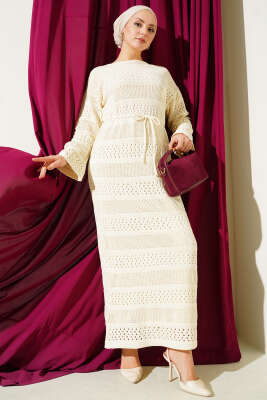 Şerit Ajur Desen Triko Elbise Taş - RAFİMİX