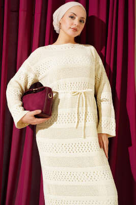 Şerit Ajur Desen Triko Elbise Taş - Elbise