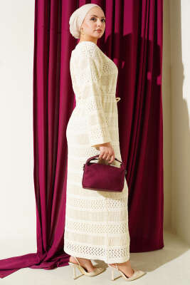 Şerit Ajur Desen Triko Elbise Taş - Elbise