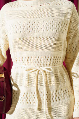 Şerit Ajur Desen Triko Elbise Taş - Elbise