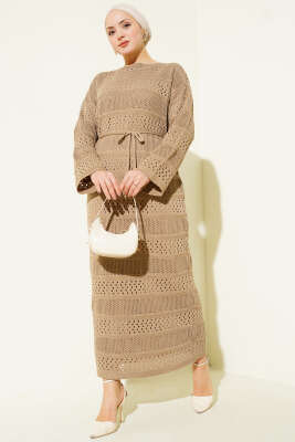 Şerit Ajur Desen Triko Elbise Vizon - RAFİMİX