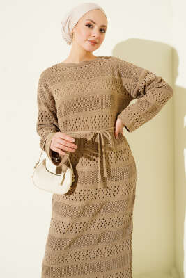 Şerit Ajur Desen Triko Elbise Vizon - Elbise