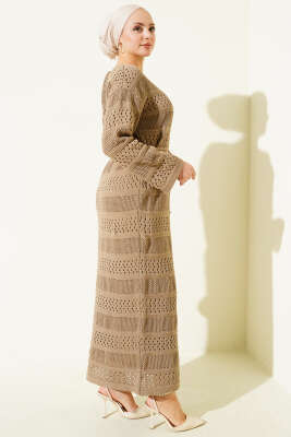 Şerit Ajur Desen Triko Elbise Vizon - Elbise