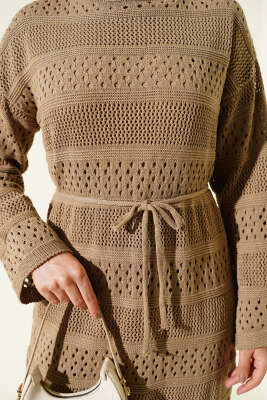 Şerit Ajur Desen Triko Elbise Vizon - Elbise