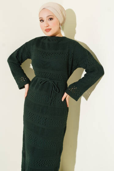 Şerit Ajur Desen Triko Elbise Zümrüt Yeşili - Elbise