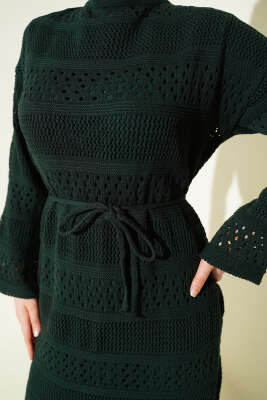 Şerit Ajur Desen Triko Elbise Zümrüt Yeşili - Elbise