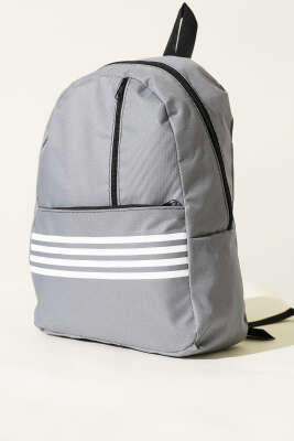 Şerit Baskılı Fermuarlı Sırt Çanta Gri - Sırt Çantası
