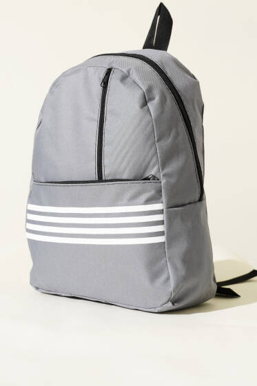Şerit Baskılı Fermuarlı Sırt Çanta Gri - Sırt Çantası