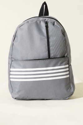 Şerit Baskılı Fermuarlı Sırt Çanta Gri - Sırt Çantası