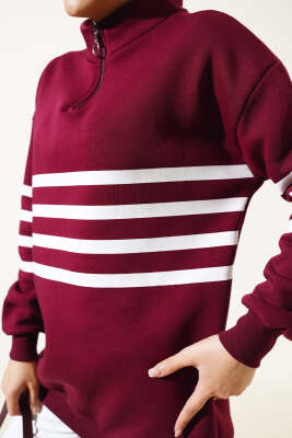 Şerit Baskılı Fermuarlı Üç İplik Sweatshirt Bordo - Tunik