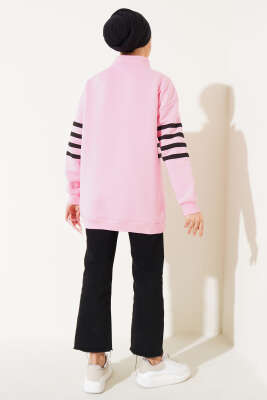 Şerit Baskılı Fermuarlı Üç İplik Sweatshirt Pembe - Tunik