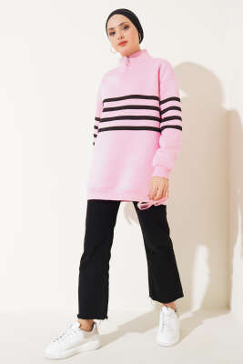 Şerit Baskılı Fermuarlı Üç İplik Sweatshirt Pembe - Tunik