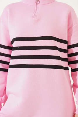 Şerit Baskılı Fermuarlı Üç İplik Sweatshirt Pembe - Tunik