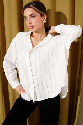 Şerit Brodeli Oversize Basic Gömlek Ekru - Kadın Giyim Modelleri