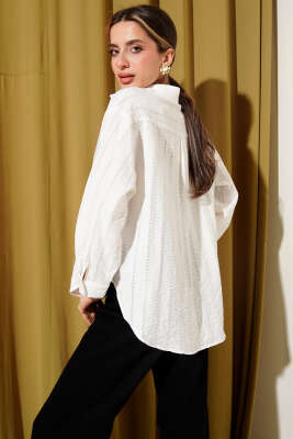 Şerit Brodeli Oversize Basic Gömlek Ekru - Kadın Giyim Modelleri