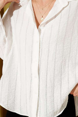 Şerit Brodeli Oversize Basic Gömlek Ekru - Kadın Giyim Modelleri