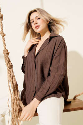 Şerit Brodeli Oversize Basic Gömlek Kahve - QUZU