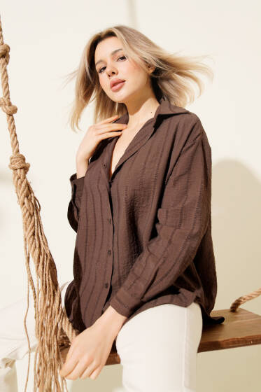 Şerit Brodeli Oversize Basic Gömlek Kahve - Kadın Giyim Modelleri