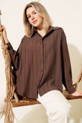 Şerit Brodeli Oversize Basic Gömlek Kahve - Kadın Giyim Modelleri