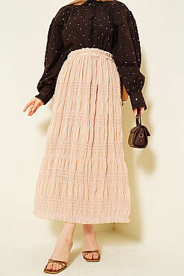 Şerit Büzgülü Pullu Şifon Etek Bej - BERAT TEKSTİL