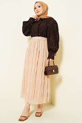 Şerit Büzgülü Pullu Şifon Etek Bej - Etek