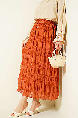 Şerit Büzgülü Pullu Şifon Etek Kiremit 