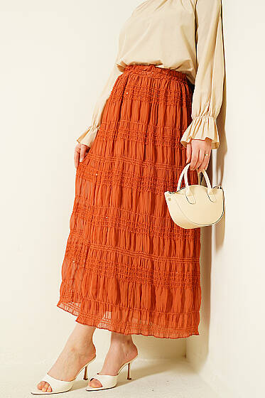 Şerit Büzgülü Pullu Şifon Etek Kiremit - Etek