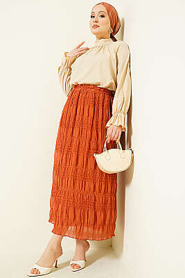 Şerit Büzgülü Pullu Şifon Etek Kiremit - Etek