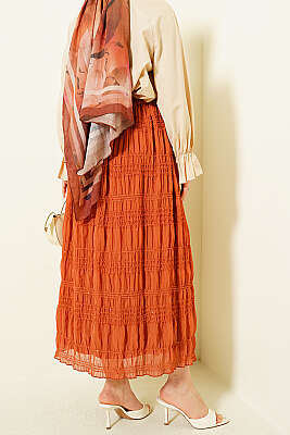 Şerit Büzgülü Pullu Şifon Etek Kiremit - Etek