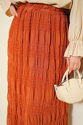 Şerit Büzgülü Pullu Şifon Etek Kiremit - Etek