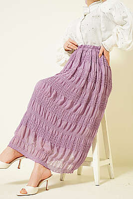 Şerit Büzgülü Pullu Şifon Etek Lila - BERAT TEKSTİL