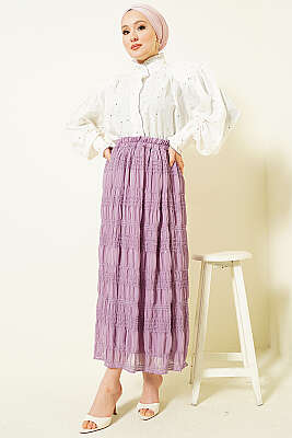 Şerit Büzgülü Pullu Şifon Etek Lila - Etek