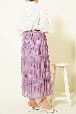 Şerit Büzgülü Pullu Şifon Etek Lila - Etek