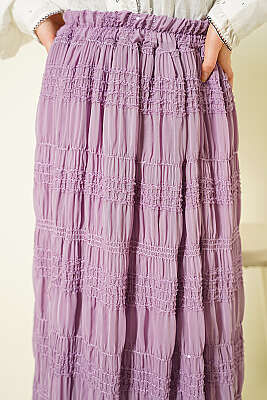 Şerit Büzgülü Pullu Şifon Etek Lila - Etek