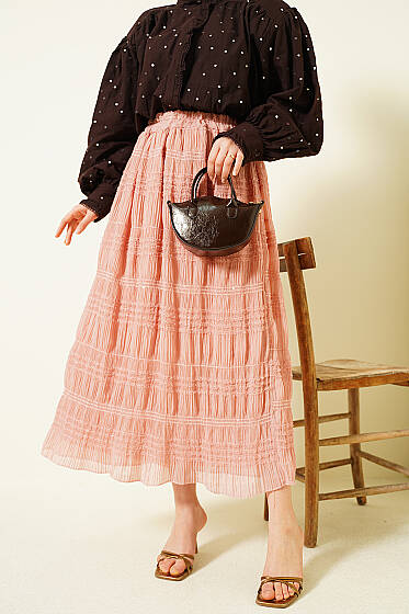 Şerit Büzgülü Pullu Şifon Etek Pudra - Etek