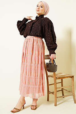 Şerit Büzgülü Pullu Şifon Etek Pudra - Etek