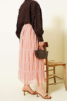 Şerit Büzgülü Pullu Şifon Etek Pudra - Etek