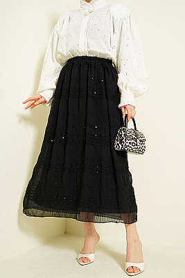 Şerit Büzgülü Pullu Şifon Etek Siyah 