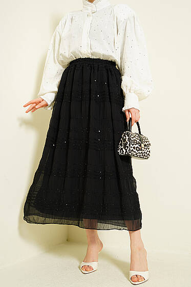 Şerit Büzgülü Pullu Şifon Etek Siyah - Etek