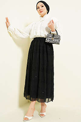 Şerit Büzgülü Pullu Şifon Etek Siyah - Etek