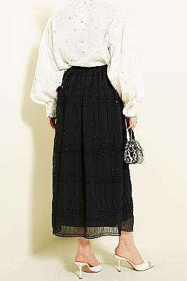 Şerit Büzgülü Pullu Şifon Etek Siyah - Etek