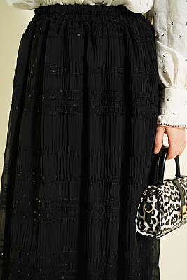 Şerit Büzgülü Pullu Şifon Etek Siyah - Etek