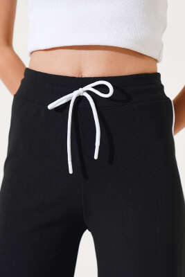 Şerit Çizgili Geniş Paça Pantolon Siyah - Kadın Giyim Modelleri