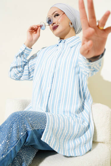 Şerit Çizgili Gömlek Mavi - Gömlek