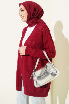 Şerit Delikli Triko Ajur Hırka Bordo - RAFİMİX