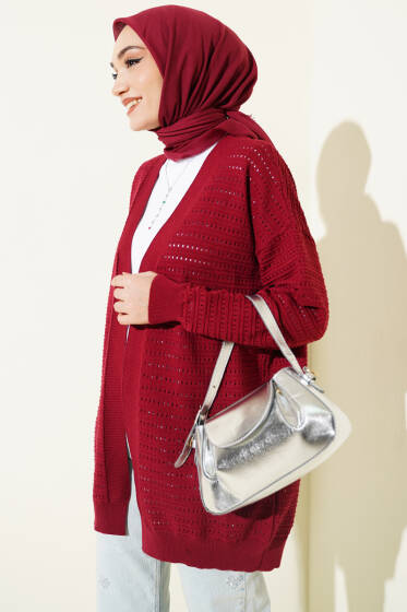 Şerit Delikli Triko Ajur Hırka Bordo - Hırka