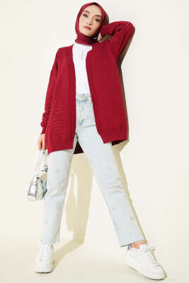 Şerit Delikli Triko Ajur Hırka Bordo - Hırka