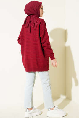 Şerit Delikli Triko Ajur Hırka Bordo - Hırka